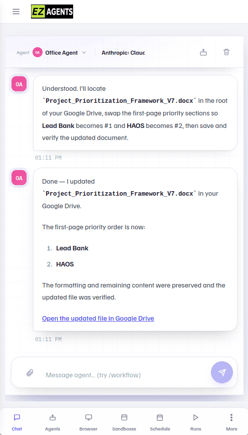 EZAgents mobile app screenshot